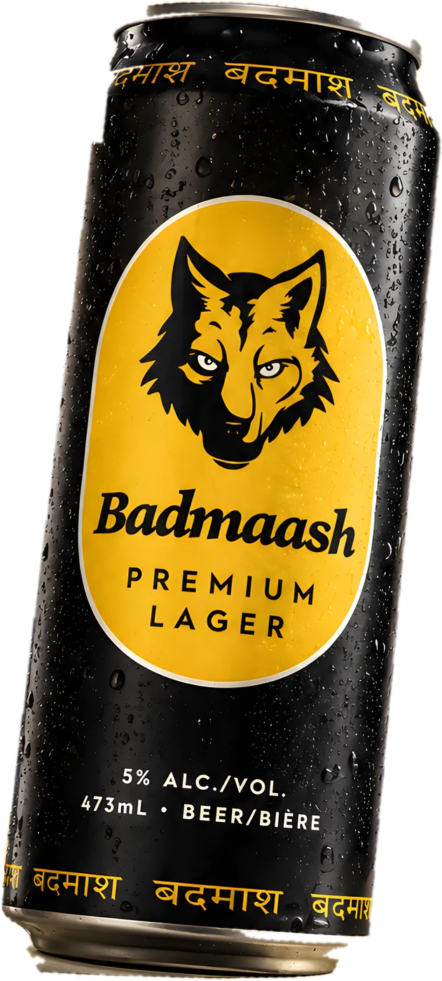 Cold black Badmaash Premium Lager can with the yellow wolf crest, 5% alc./vol., 473 mL
