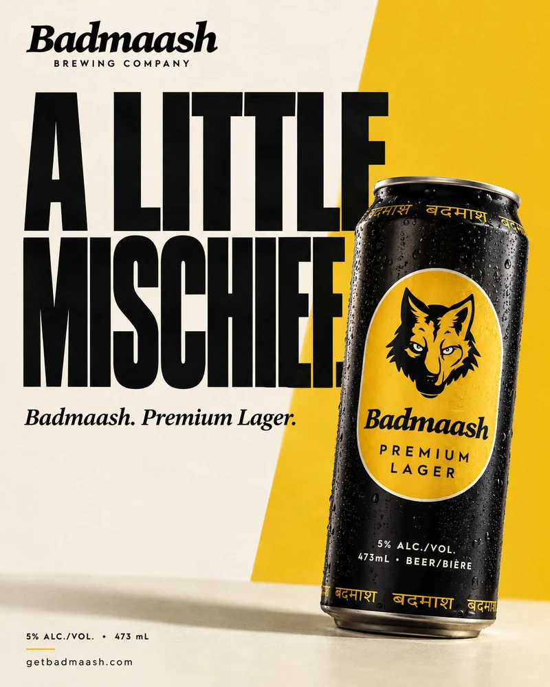 Badmaash campaign poster: A Little Mischief, with a Badmaash Premium Lager can on cream and yellow