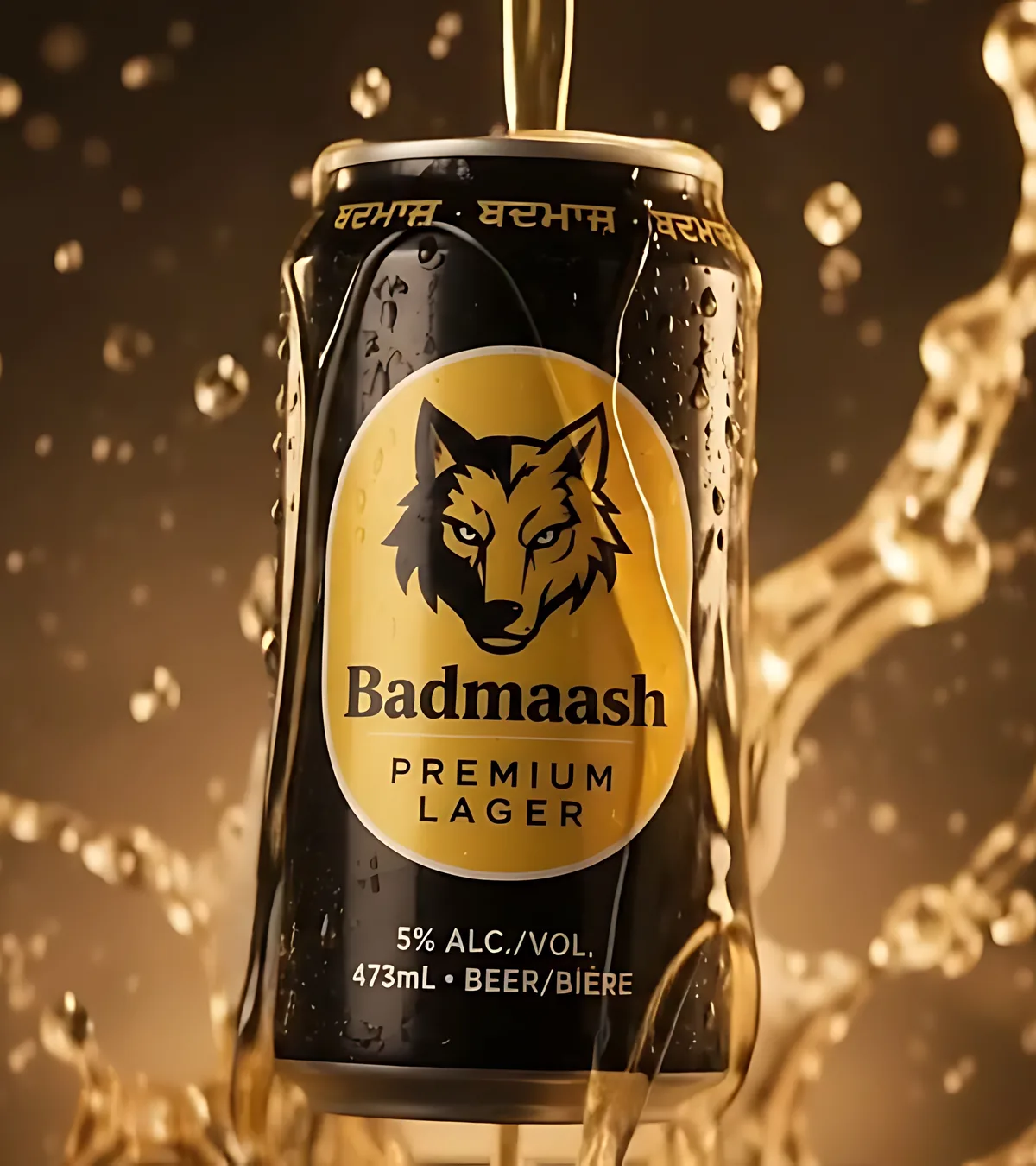 Close-up of a cold Badmaash can with condensation and a golden splash