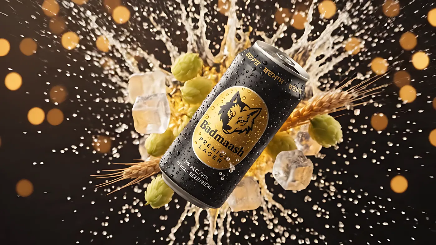 Badmaash can bursting through hops, wheat, ice and lager