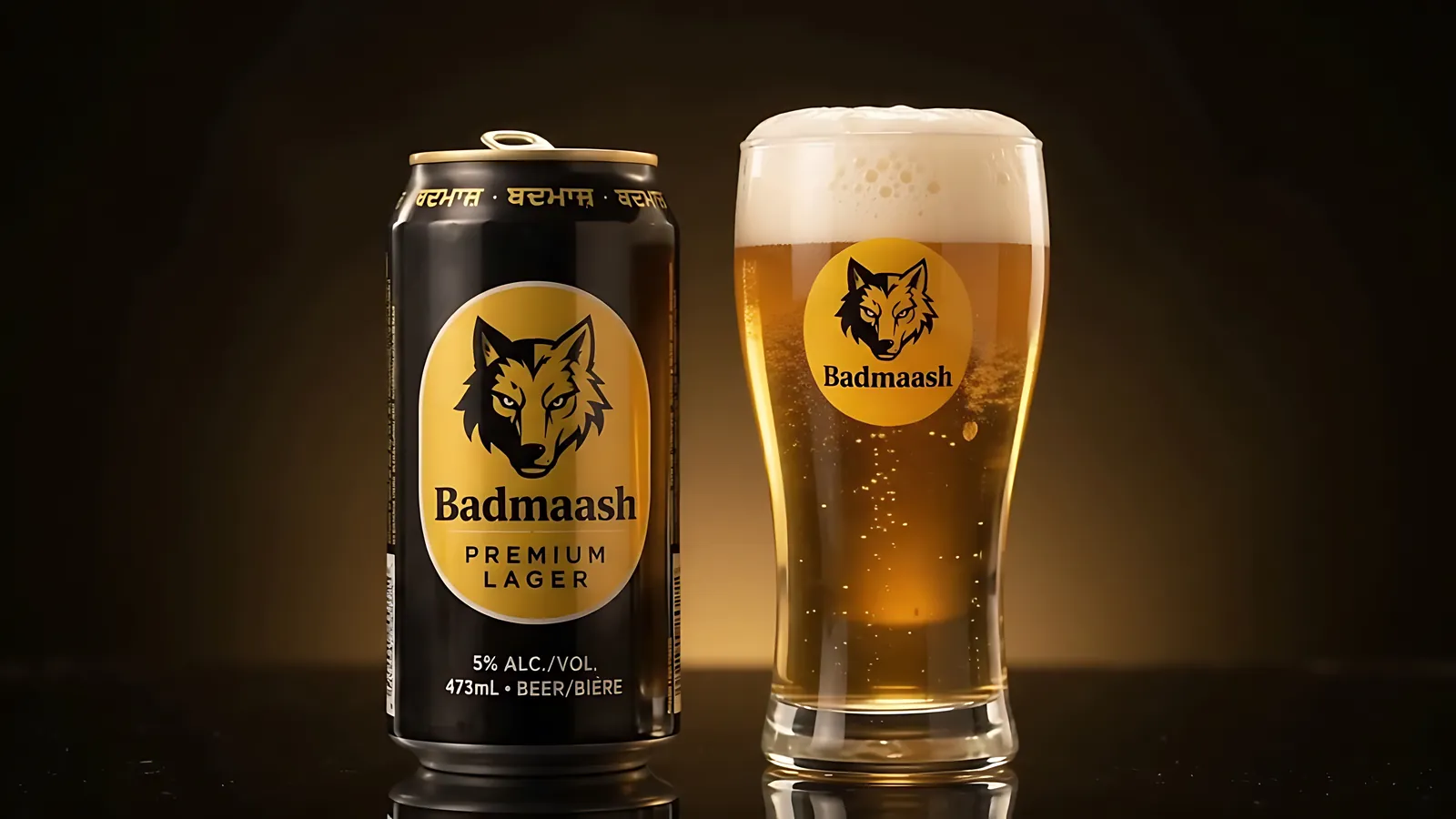 Badmaash can beside a branded pint glass of golden lager