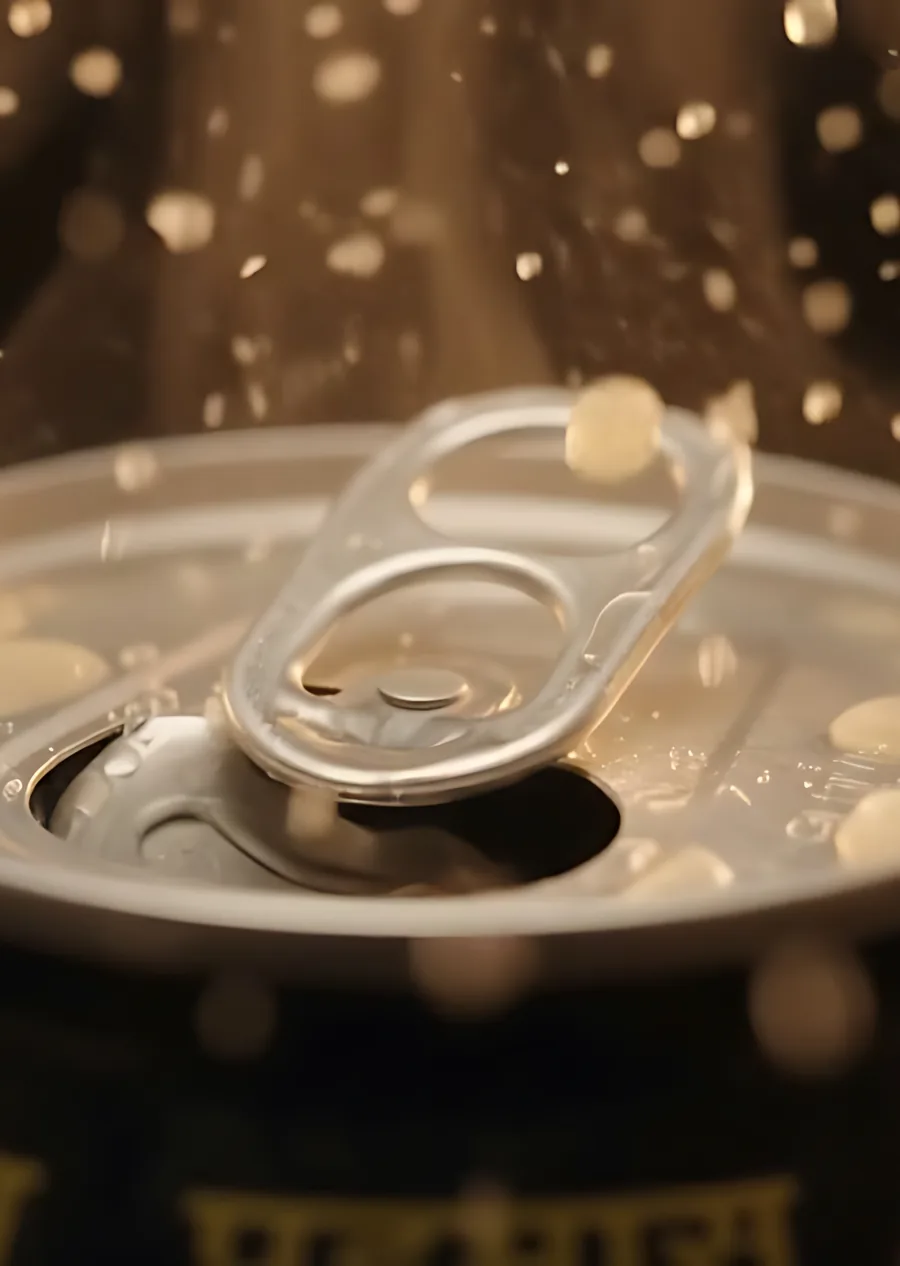 Macro of a Badmaash can tab just opened, with golden spray